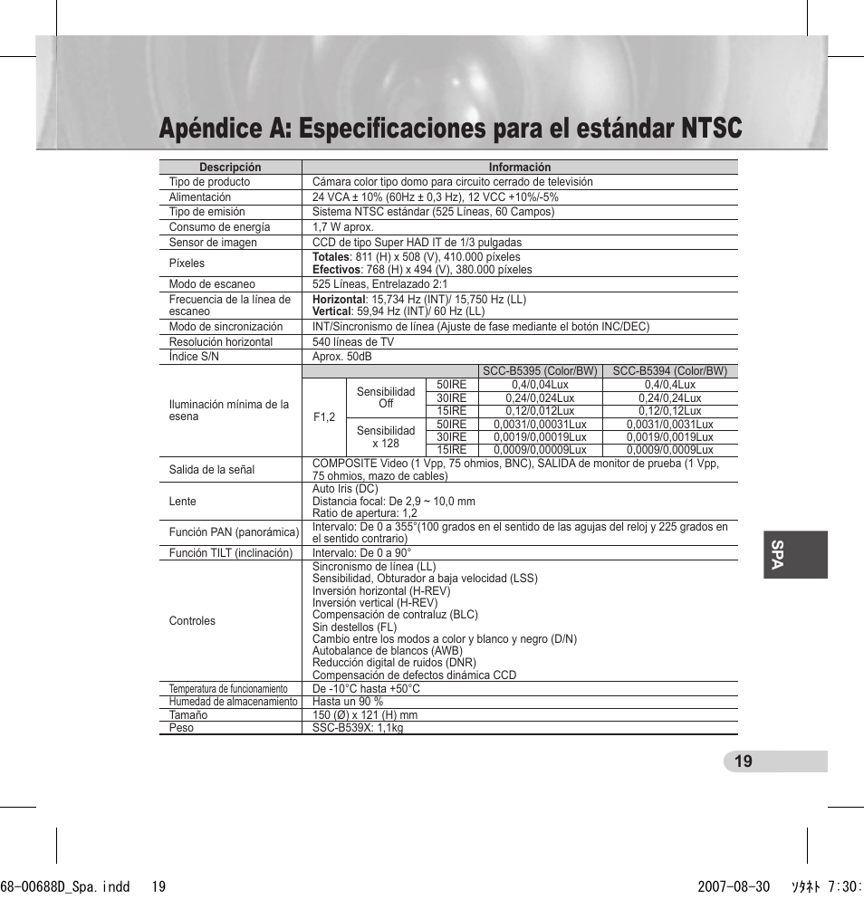 Apéndice a: especiﬁcaciones para el estándar ntsc, Sp a | Samsung SCC-B5394 User Manual | Page 85 / 131