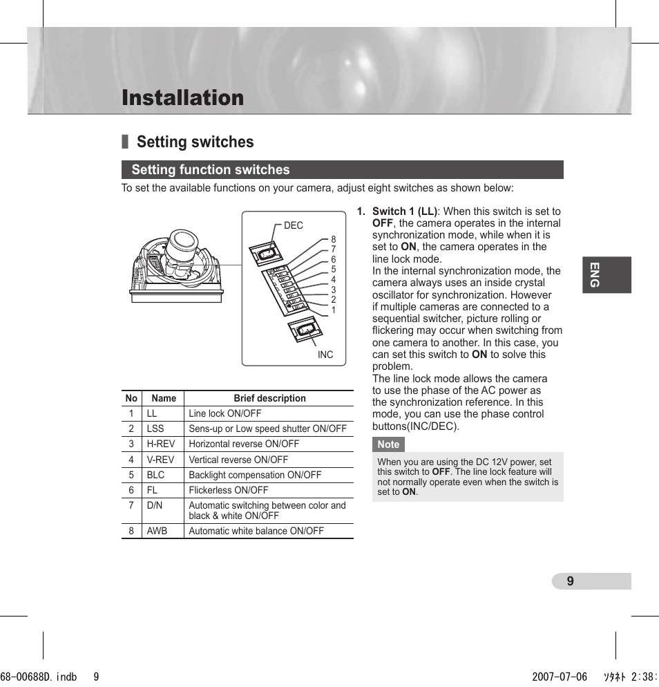 Installation, Setting switches, Setting function switches | Samsung SCC-B5394 User Manual | Page 9 / 131