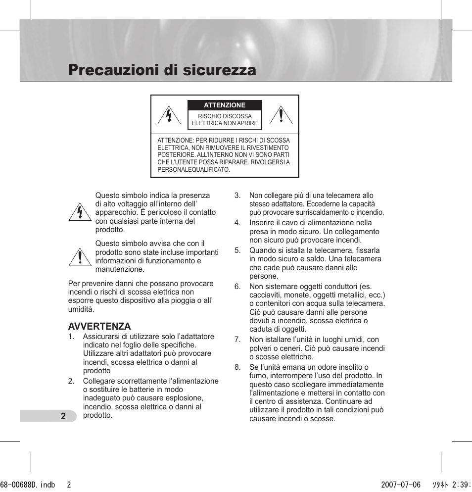 Precauzioni di sicurezza, Avvertenza | Samsung SCC-B5394 User Manual | Page 90 / 131