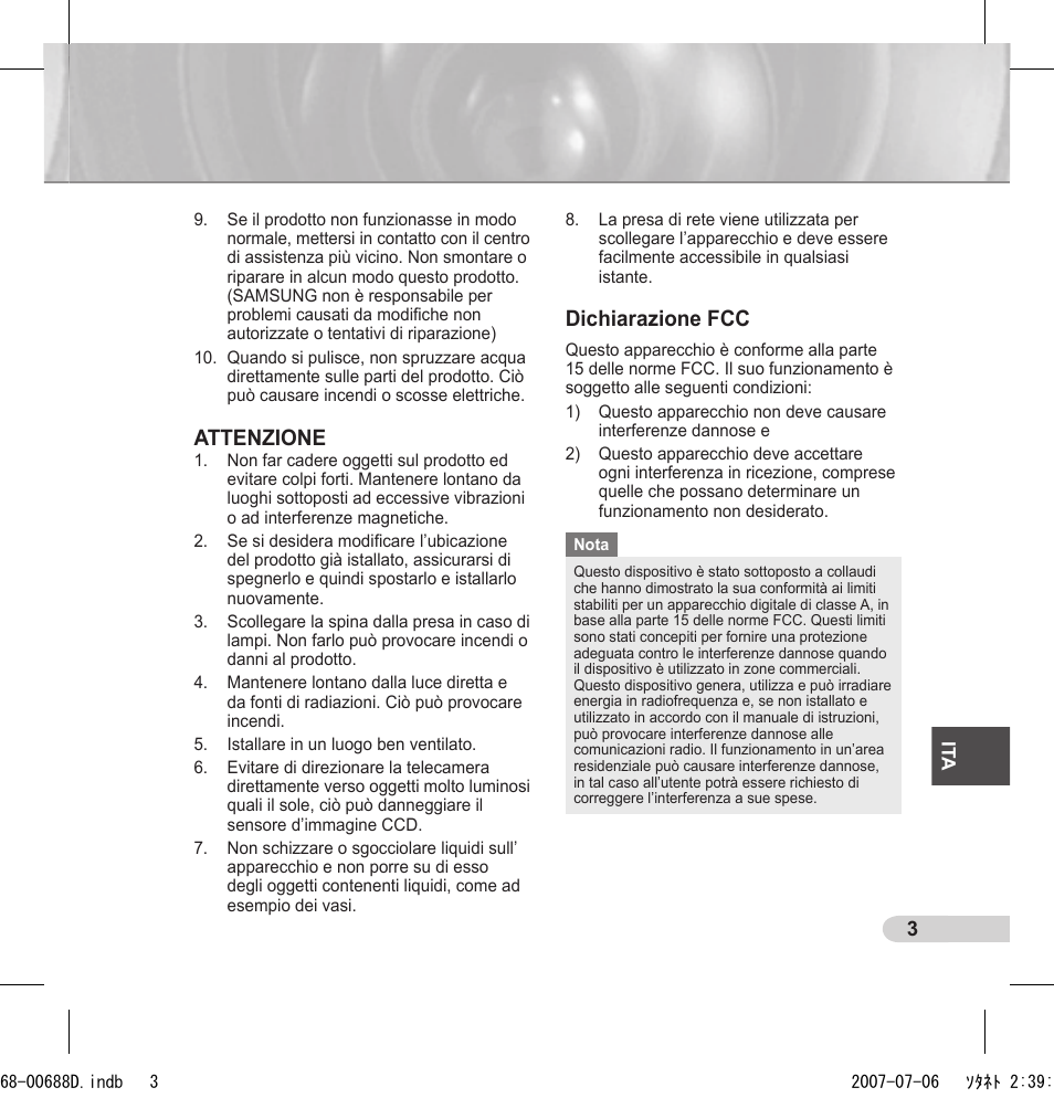 Attenzione, Dichiarazione fcc | Samsung SCC-B5394 User Manual | Page 91 / 131