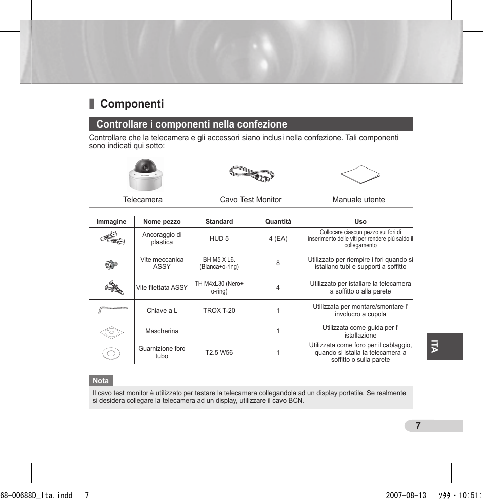 Componenti, Controllare i componenti nella confezione | Samsung SCC-B5394 User Manual | Page 95 / 131