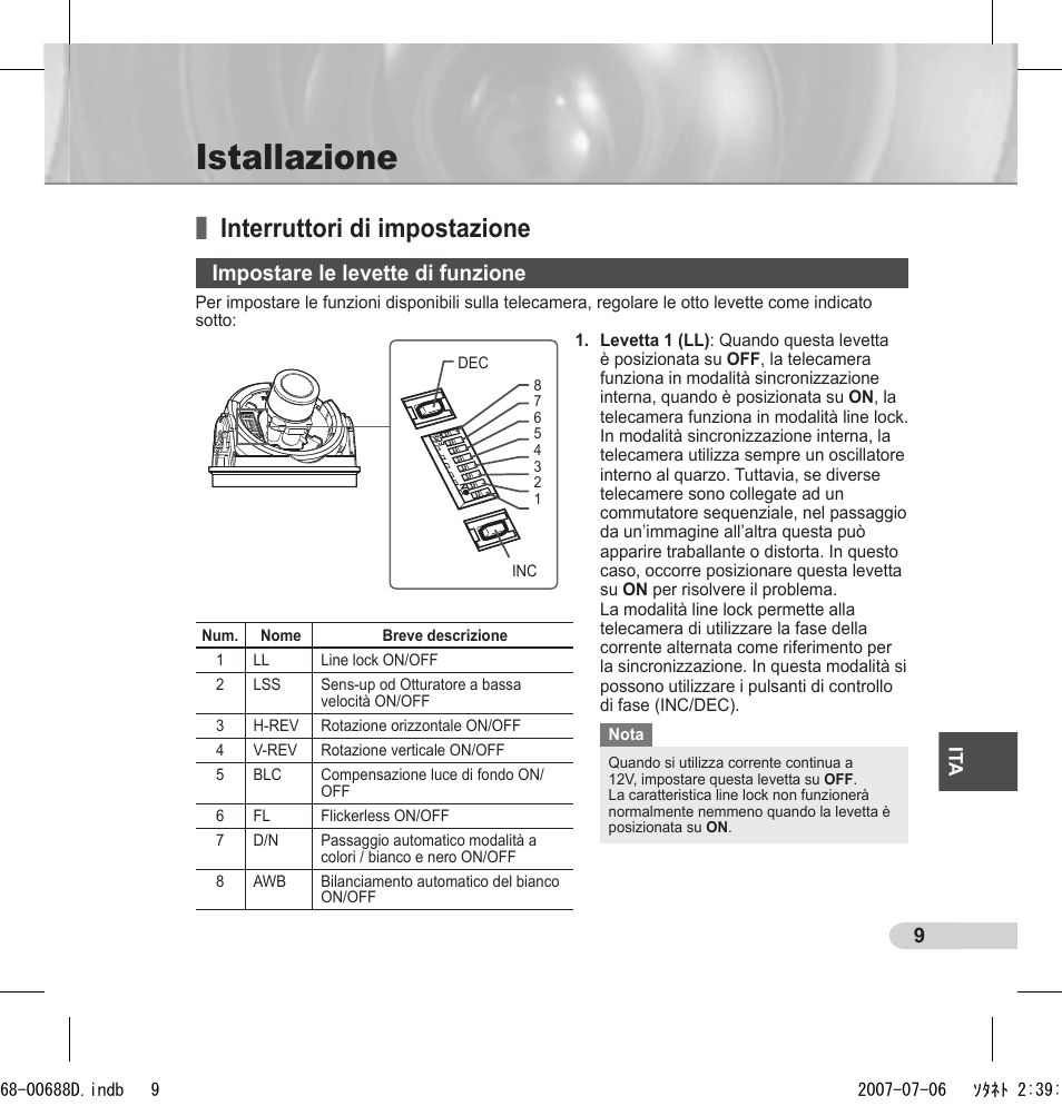 Istallazione, Interruttori di impostazione, Impostare le levette di funzione | Samsung SCC-B5394 User Manual | Page 97 / 131