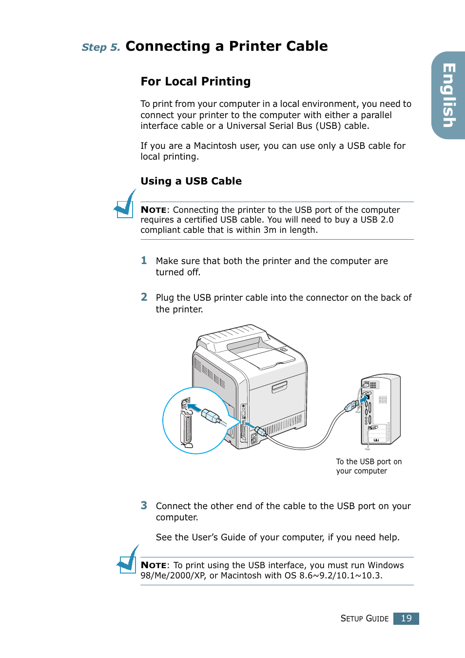Step 5. connecting a printer cable, For local printing, Step 5 | Connecting a printer cable, English | Samsung CLP-550N User Manual | Page 19 / 33