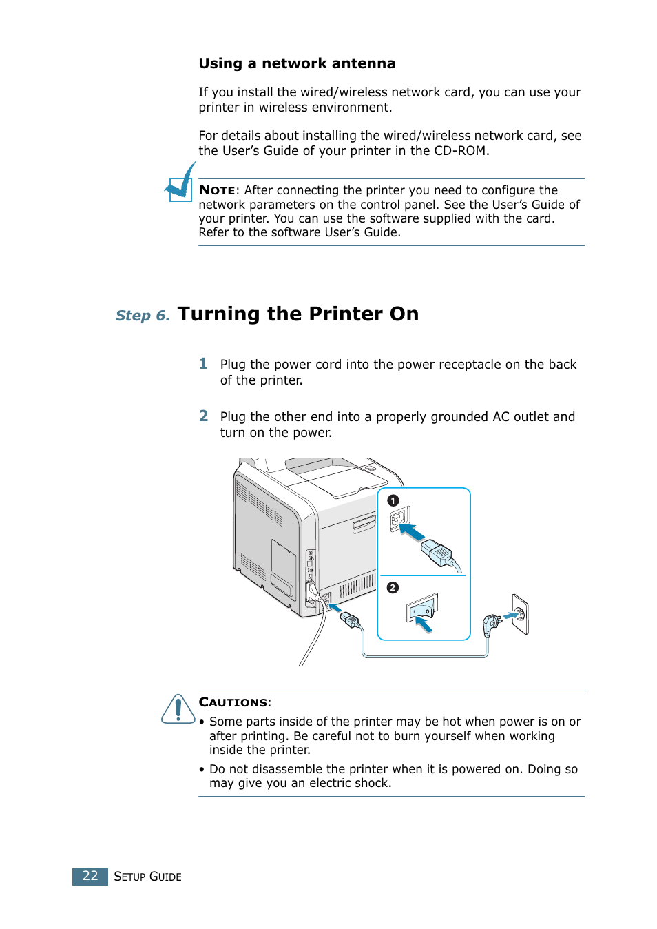 Step 6. turning the printer on, Step 6, Turning the printer on | Samsung CLP-550N User Manual | Page 22 / 33