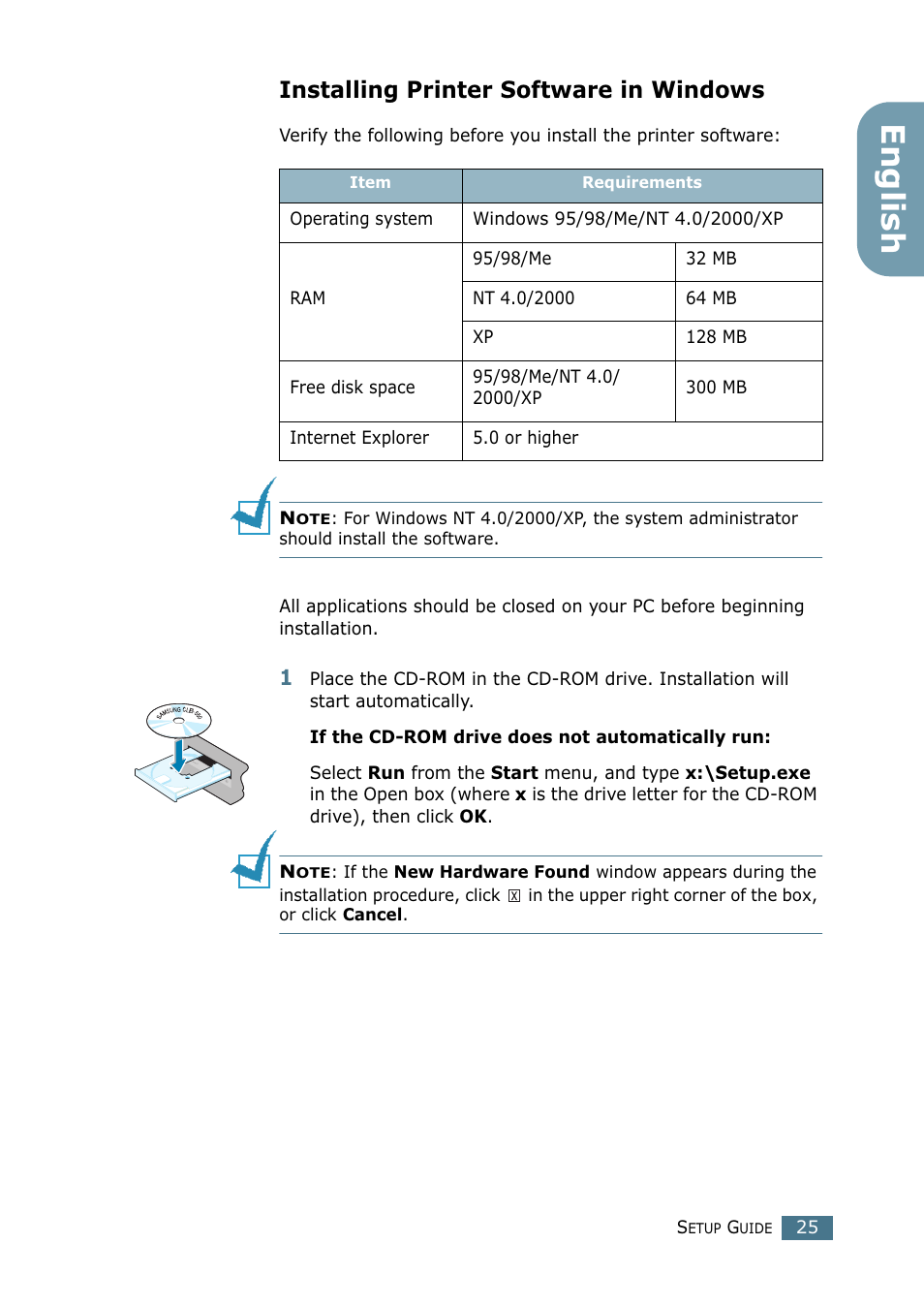 Installing printer software in windows, English | Samsung CLP-550N User Manual | Page 25 / 33