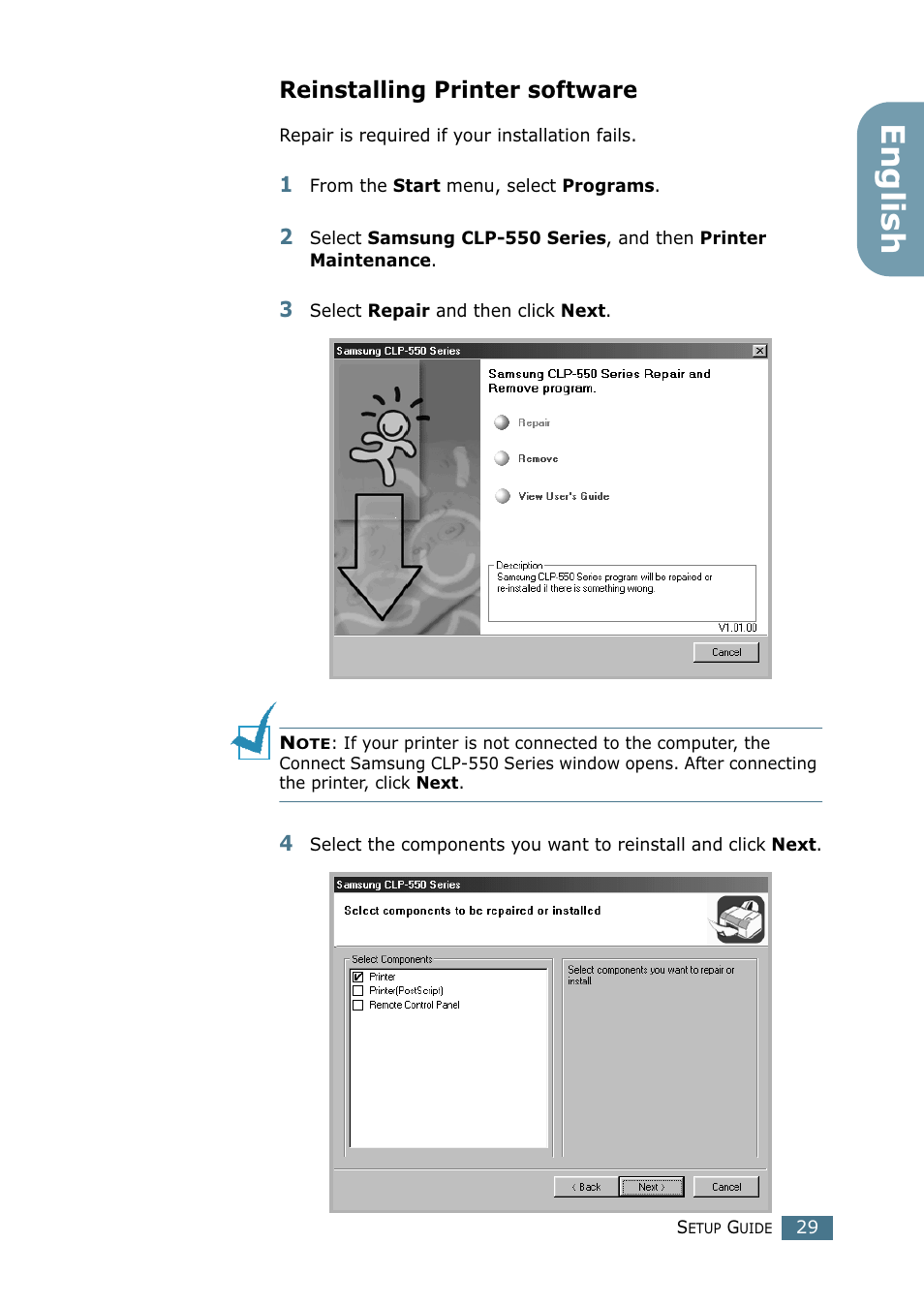 Reinstalling printer software, English | Samsung CLP-550N User Manual | Page 29 / 33