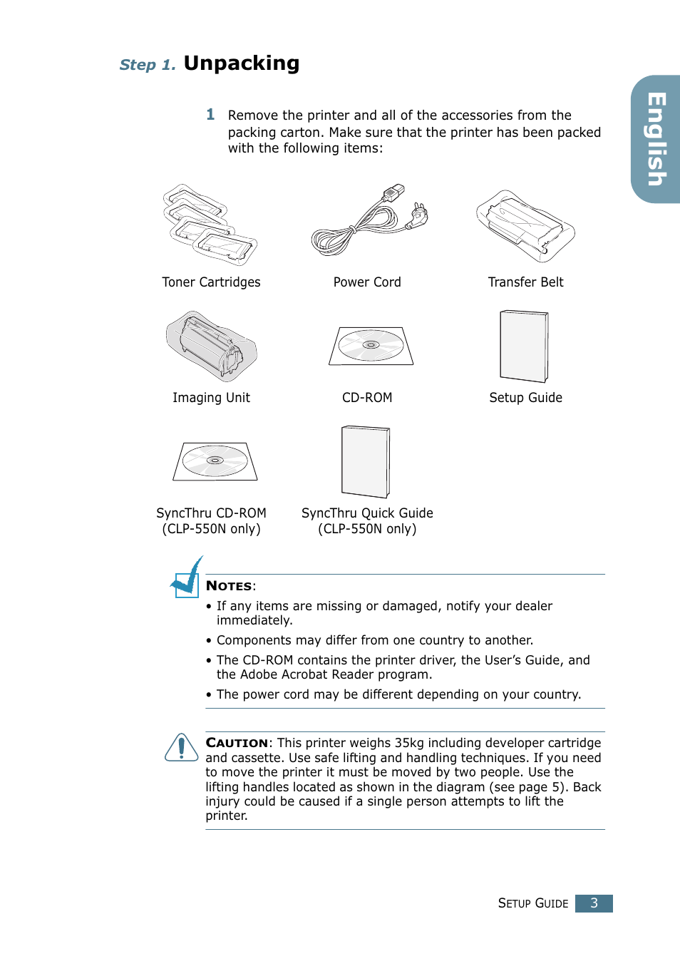 Step 1. unpacking, Step 1, Unpacking | English | Samsung CLP-550N User Manual | Page 3 / 33