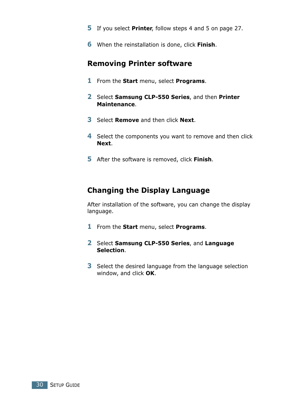 Removing printer software, Changing the display language | Samsung CLP-550N User Manual | Page 30 / 33