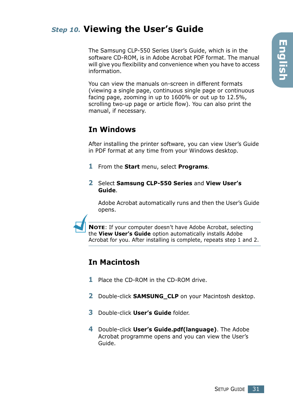 Step 10. viewing the user’s guide, In windows, In macintosh | Step 10, Viewing the user’s guide, In windows in macintosh, English | Samsung CLP-550N User Manual | Page 31 / 33