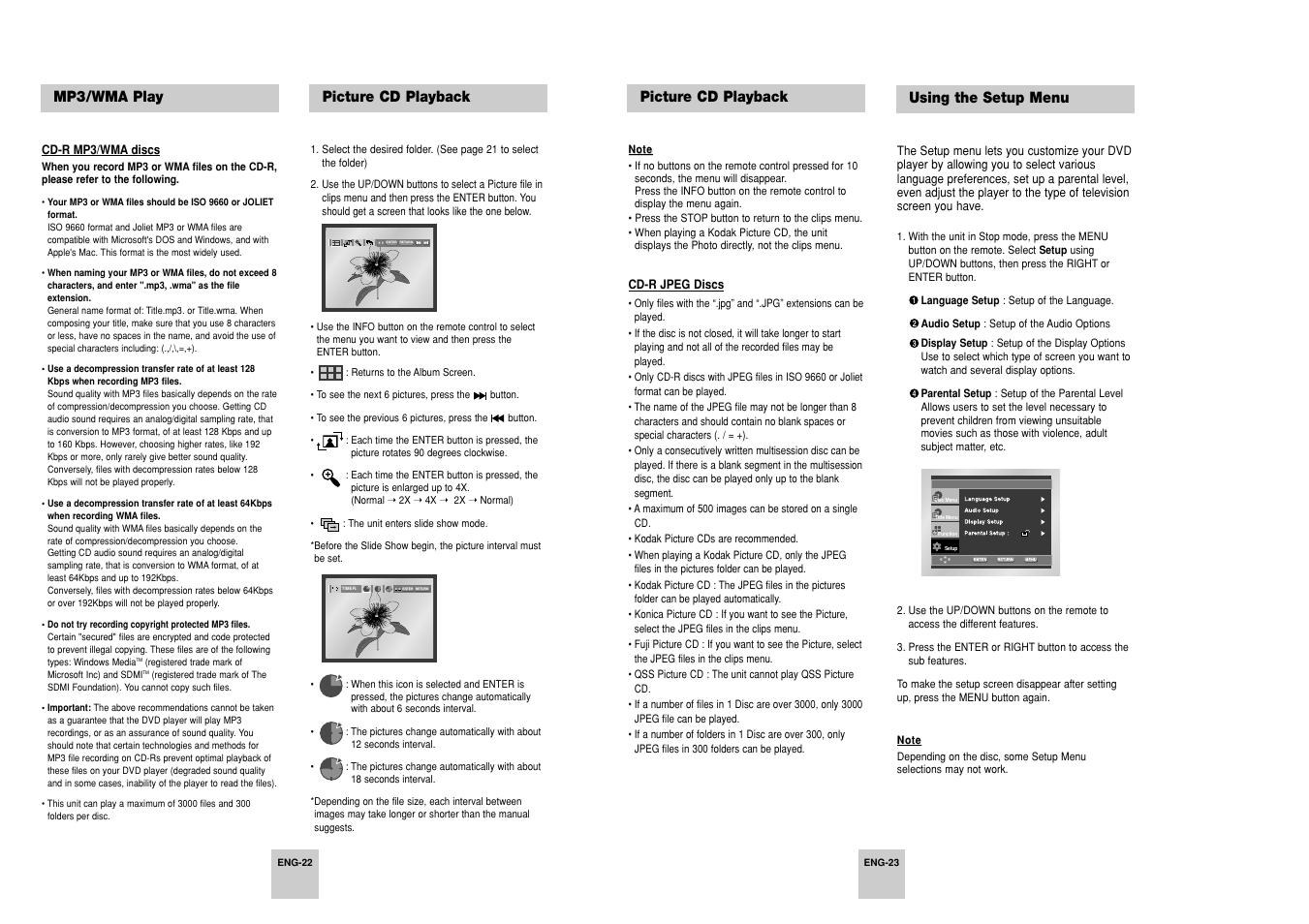 Picture cd playback, Using the setup menu, Mp3/wma play | Samsung DVD-P248A User Manual | Page 12 / 16