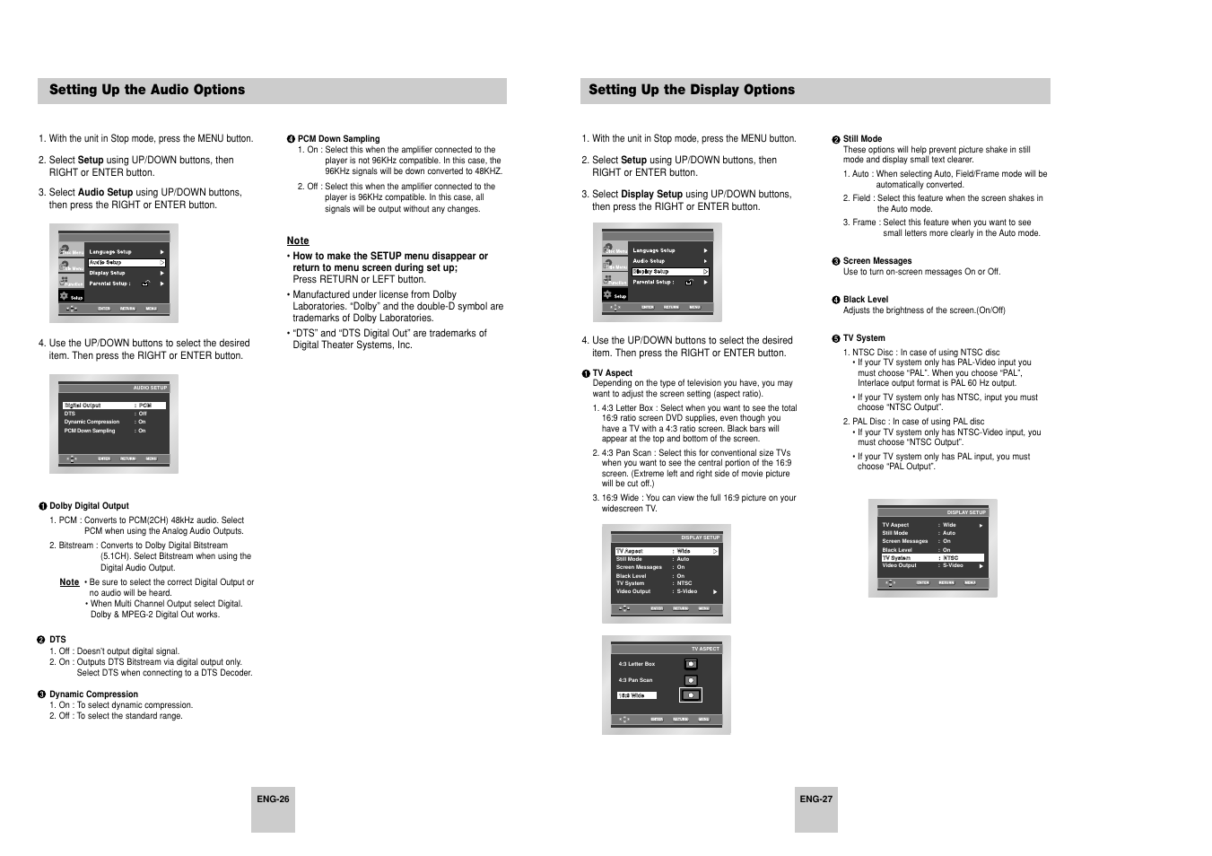 Setting up the audio options, Setting up the display options | Samsung DVD-P248A User Manual | Page 14 / 16