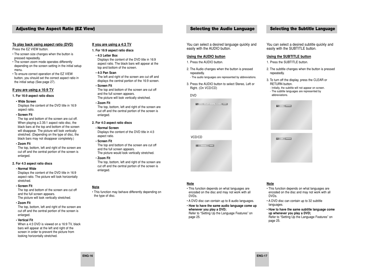 Adjusting the aspect ratio (ez view), Selecting the audio language, Selecting the subtitle language | Samsung DVD-P248A User Manual | Page 9 / 16