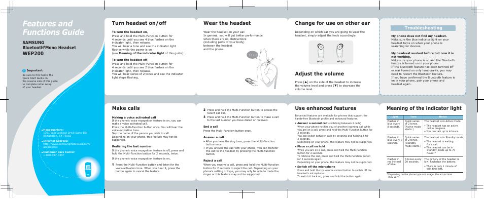 Features and functions guide, Wep200, Turn headset on/off | Adjust the volume, Make calls, Samsung bluetooth mono headset, Troubleshooting | Samsung GH68-11254A User Manual | Page 2 / 2