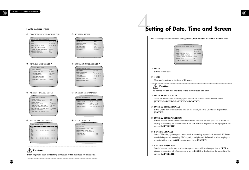 Setting of date, time and screen, Each menu item, Caution | Samsung SHR-3010 User Manual | Page 21 / 45