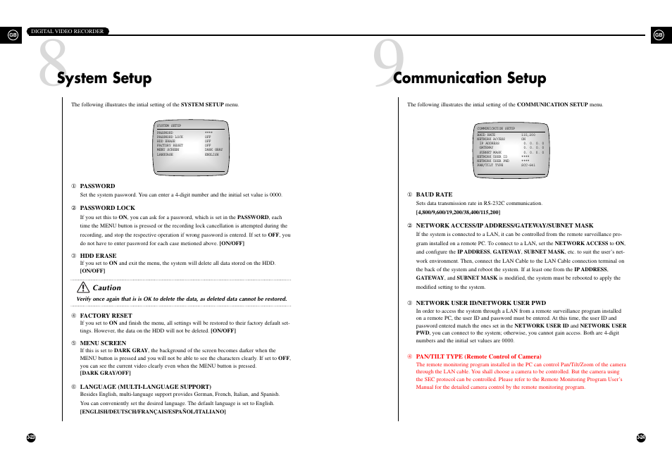 Communication setup, System setup | Samsung SHR-3010 User Manual | Page 26 / 45