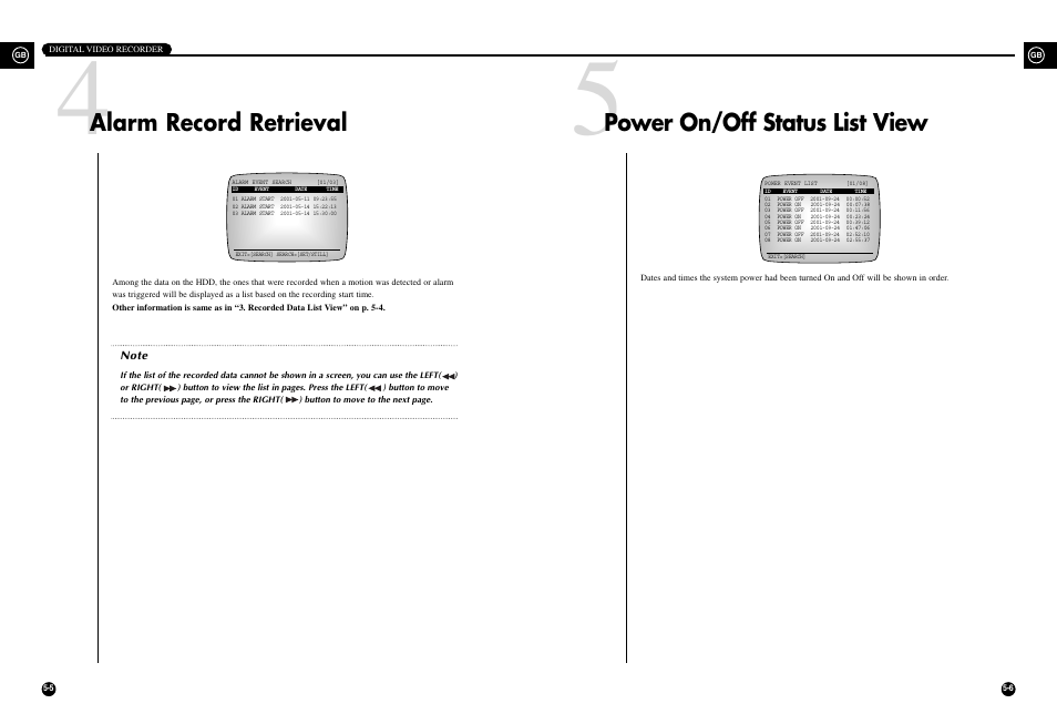 Alarm record retrieval, Power on/off status list view | Samsung SHR-3010 User Manual | Page 37 / 45
