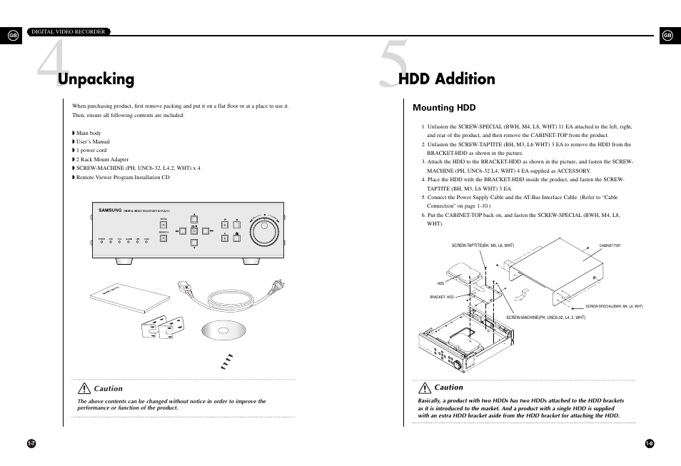 Unpacking, Hdd addition | Samsung SHR-3010 User Manual | Page 8 / 45