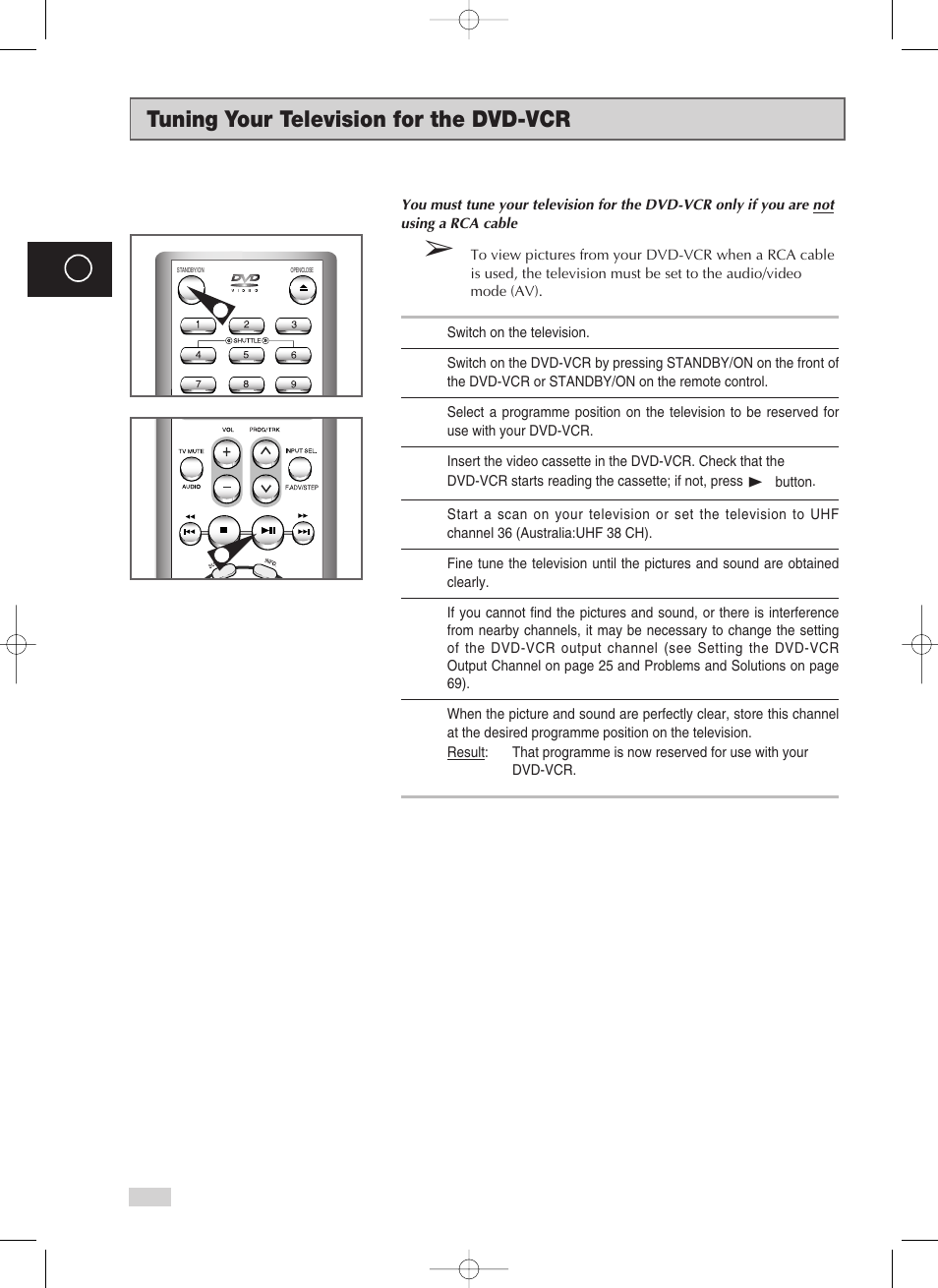 Tuning your television for the dvd-vcr | Samsung V70 User Manual | Page 16 / 71