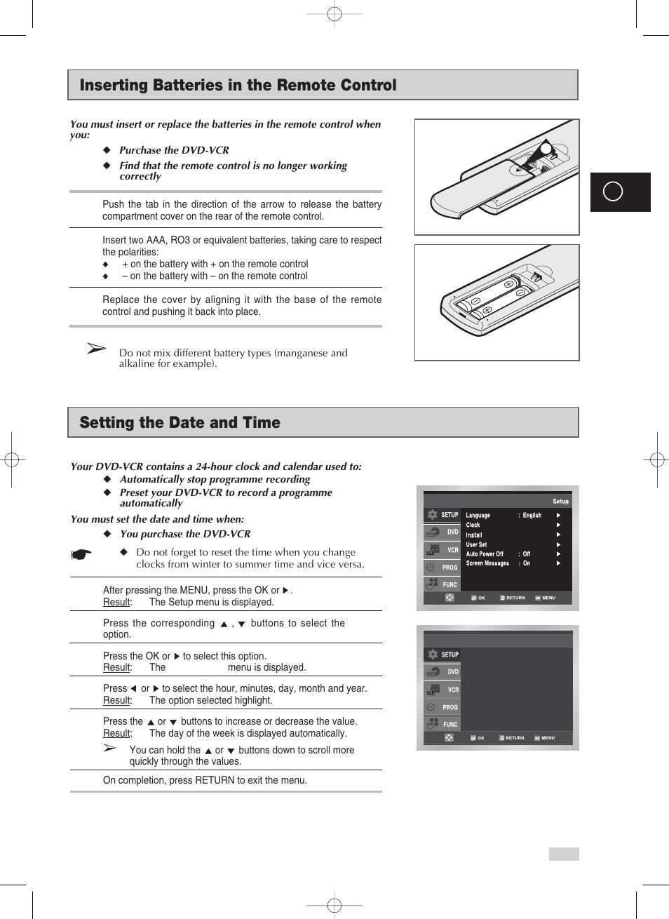 Inserting batteries in the remote control, Setting the date and time | Samsung V70 User Manual | Page 19 / 71