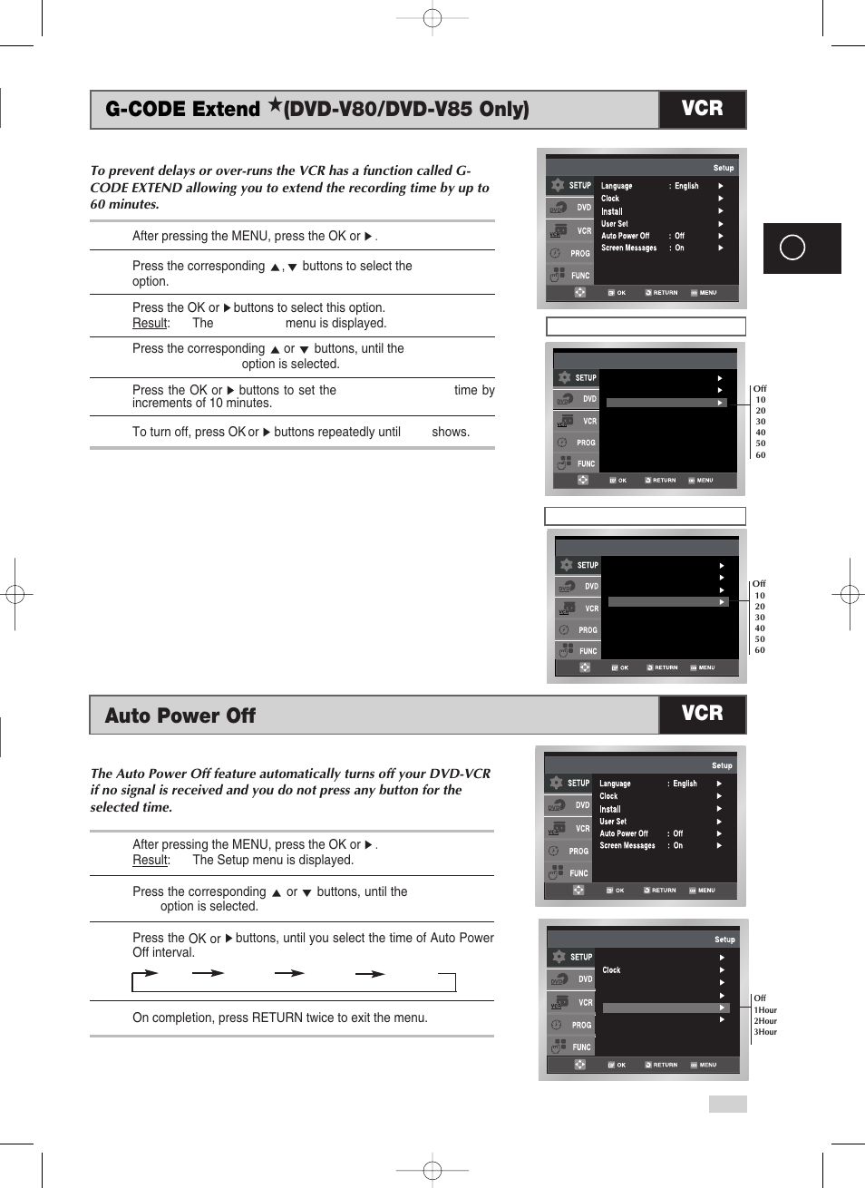 G-code extend ★(dvd-v80/dvd-v85 only), Auto power off, G-code extend | Dvd-v80/dvd-v85 only) vcr | Samsung V70 User Manual | Page 29 / 71