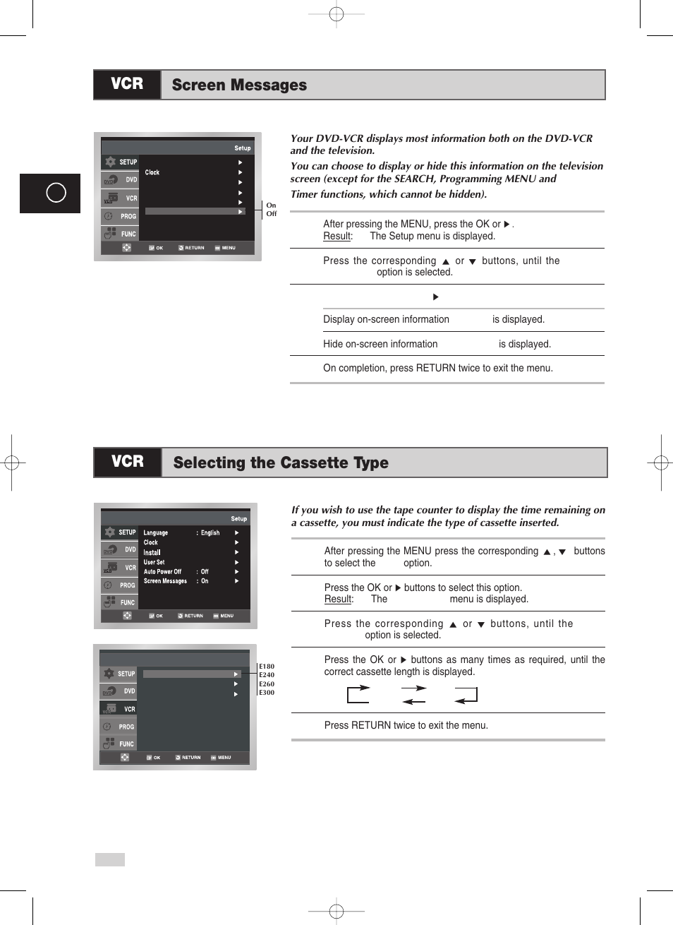 Screen messages, Selecting the cassette type, Screen messages selecting the cassette type | Samsung V70 User Manual | Page 30 / 71