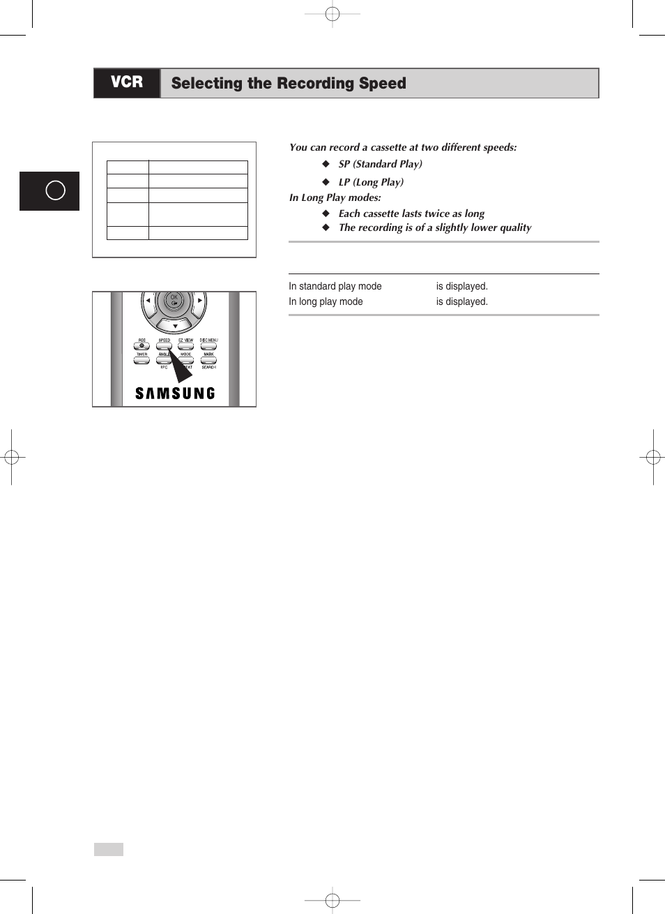 Selecting the recording speed, Selecting the recording speed vcr | Samsung V70 User Manual | Page 32 / 71
