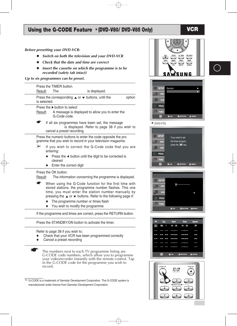 Using the g-code feature ★(dvd-v80/ dvd-v85 only), Using the g-code feature, Dvd-v80/ dvd-v85 only) | Samsung V70 User Manual | Page 35 / 71