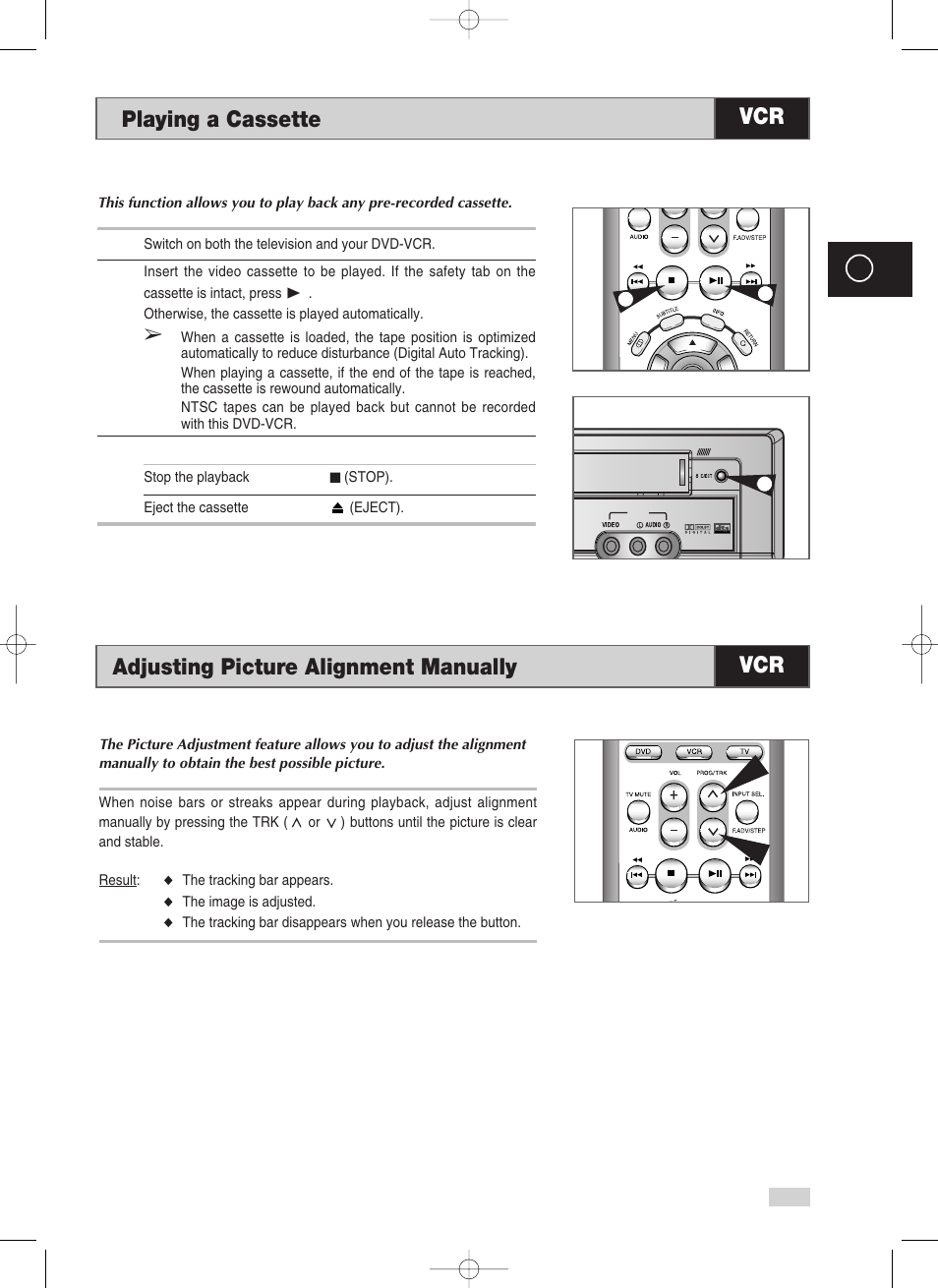 Playing a cassette, Adjusting picture alignment manually | Samsung V70 User Manual | Page 39 / 71