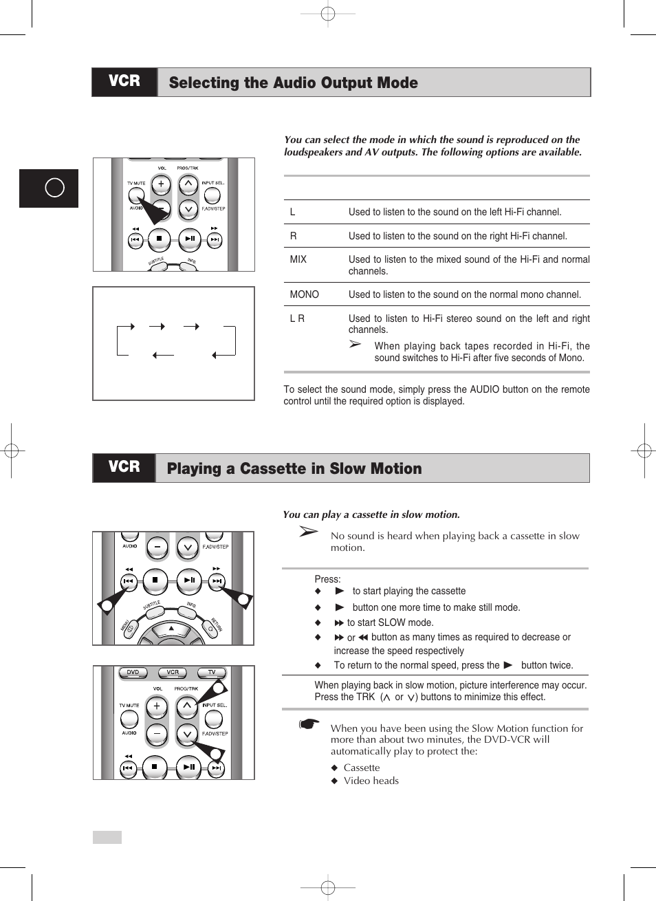 Selecting the audio output mode, Playing a cassette in slow motion | Samsung V70 User Manual | Page 40 / 71
