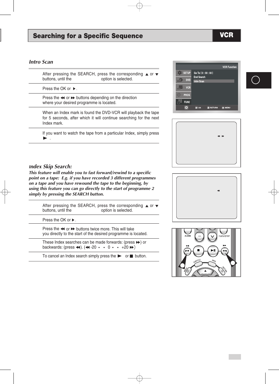 Searching for a specific sequence, Intro scan, Ndex skip search | Samsung V70 User Manual | Page 43 / 71