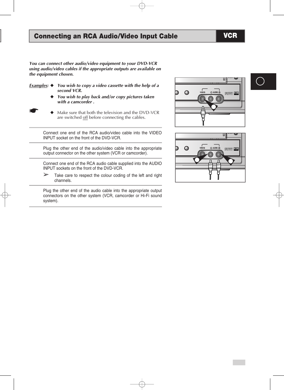 Connecting an rca audio/video input cable | Samsung V70 User Manual | Page 45 / 71