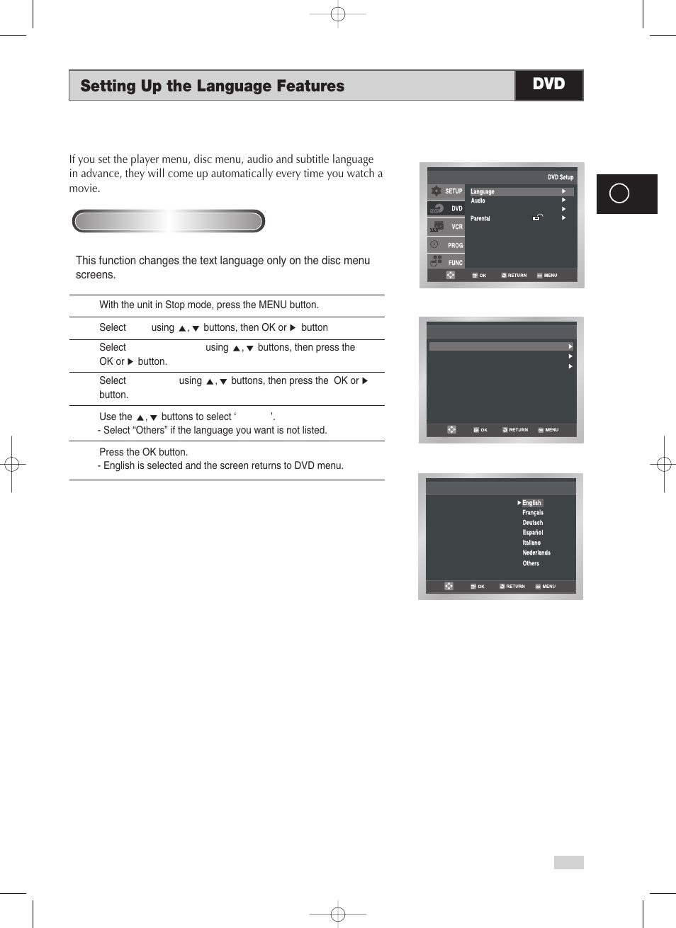 Setting up the language features, Setting up the language features dvd | Samsung V70 User Manual | Page 49 / 71