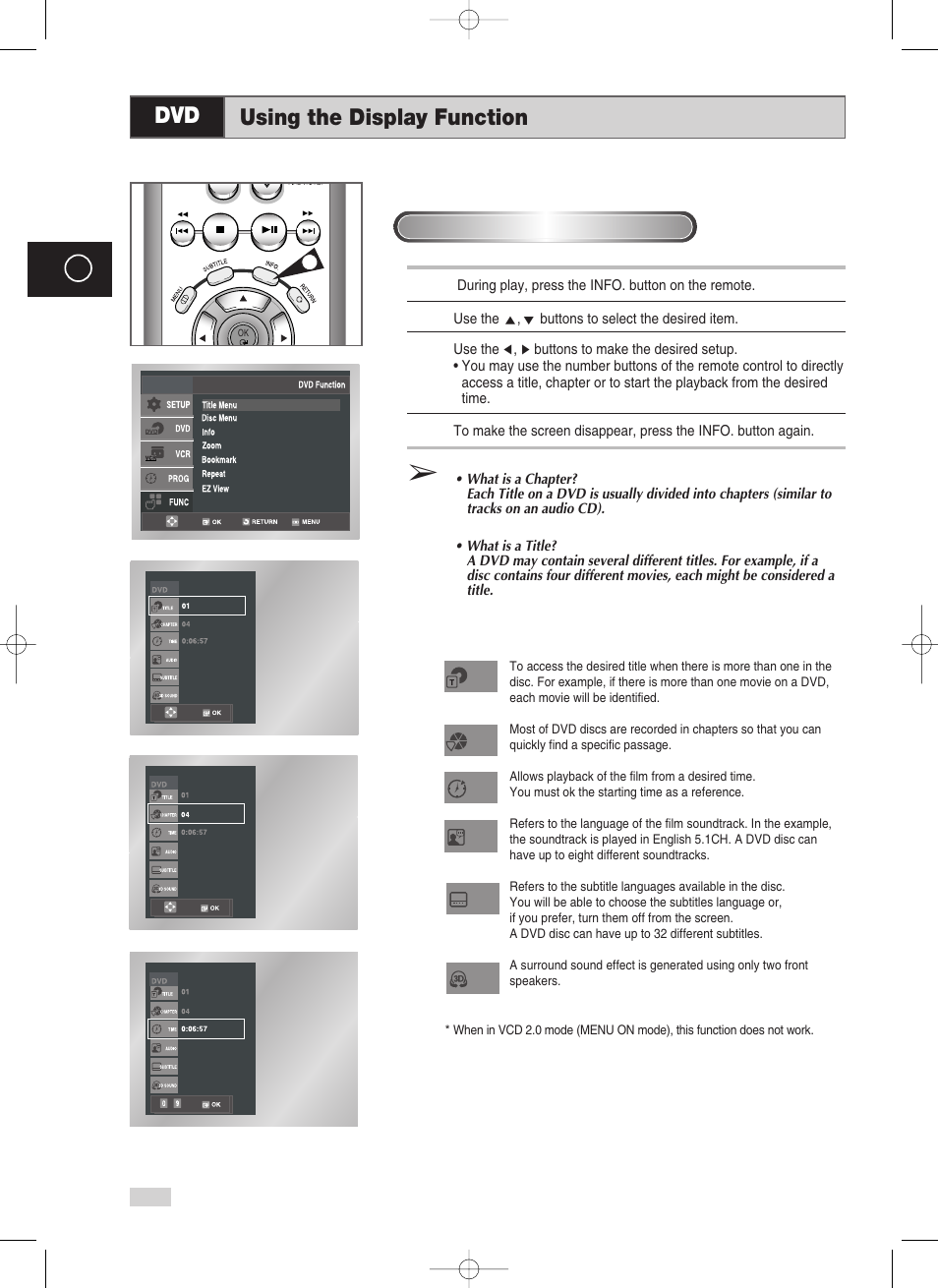 Using the display function, Using the display function dvd | Samsung V70 User Manual | Page 58 / 71