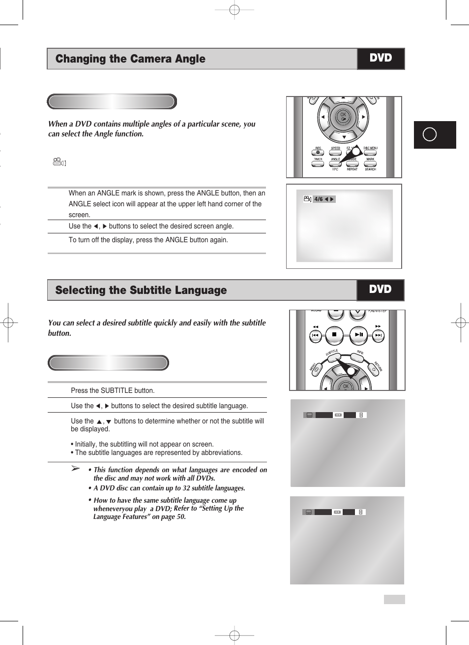 Changing the camera angle, Selecting the subtitle language, Selecting the subtitle language dvd | Changing the camera angle dvd | Samsung V70 User Manual | Page 59 / 71