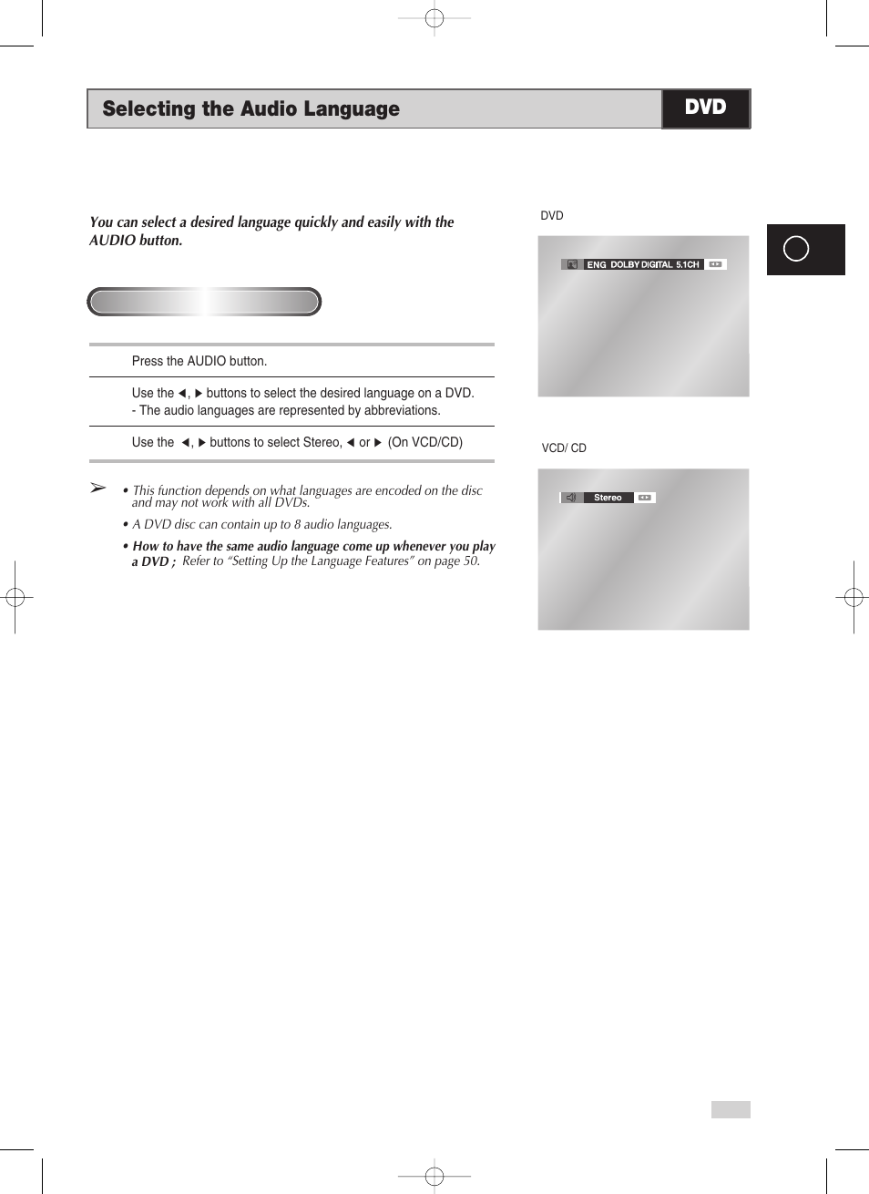 Selecting the audio language | Samsung V70 User Manual | Page 61 / 71