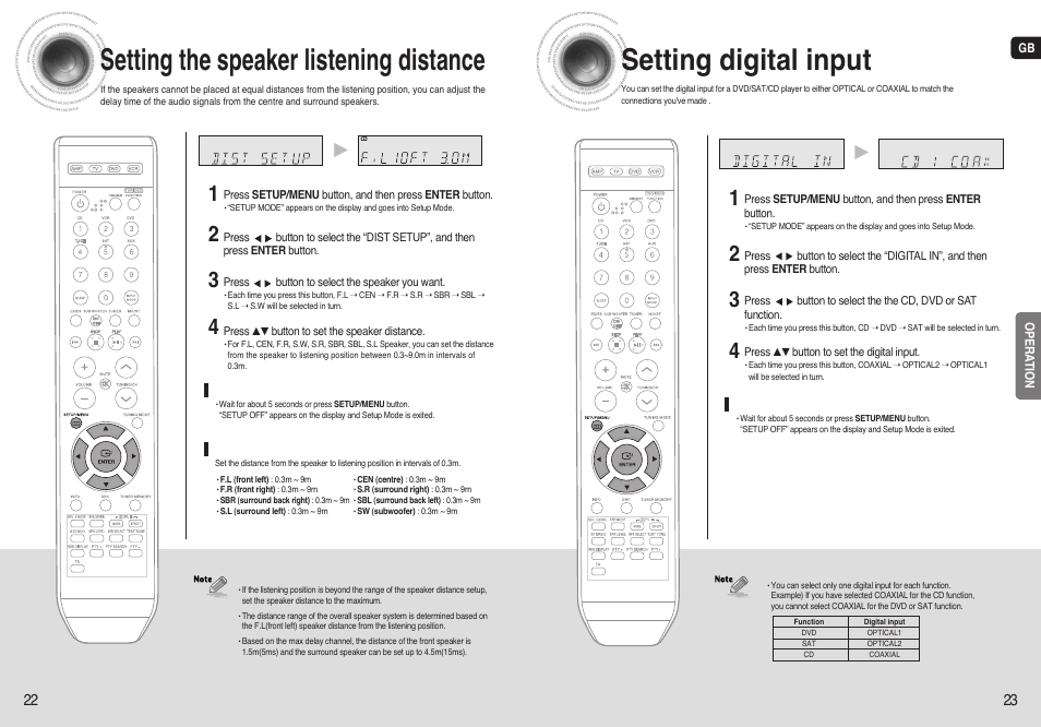 Setting the speaker listening distance, Setting digital input | Samsung AV-R720 User Manual | Page 12 / 25