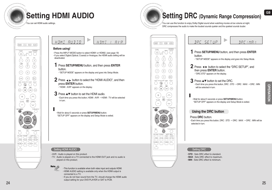 Setting hdmi audio, Setting drc (dynamic range compression), Setting drc | Dynamic range compression) | Samsung AV-R720 User Manual | Page 13 / 25
