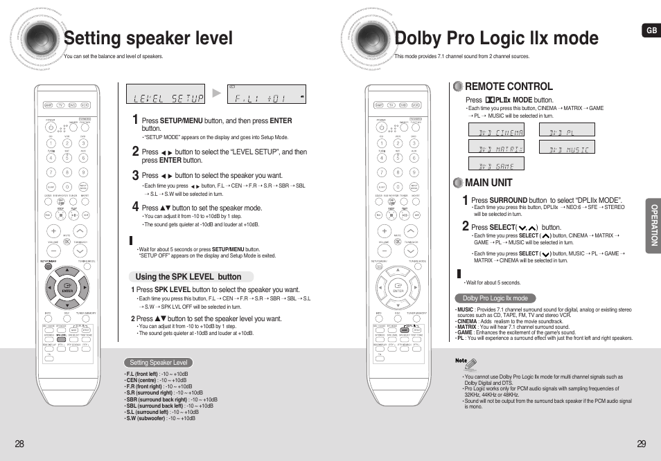 Setting speaker level, Dolby pro logic llx mode, Main unit | Remote control | Samsung AV-R720 User Manual | Page 15 / 25