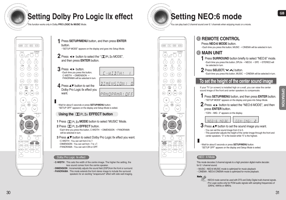 Setting dolby pro logic llx effect, Setting neo:6 mode, Remote control | Main unit | Samsung AV-R720 User Manual | Page 16 / 25