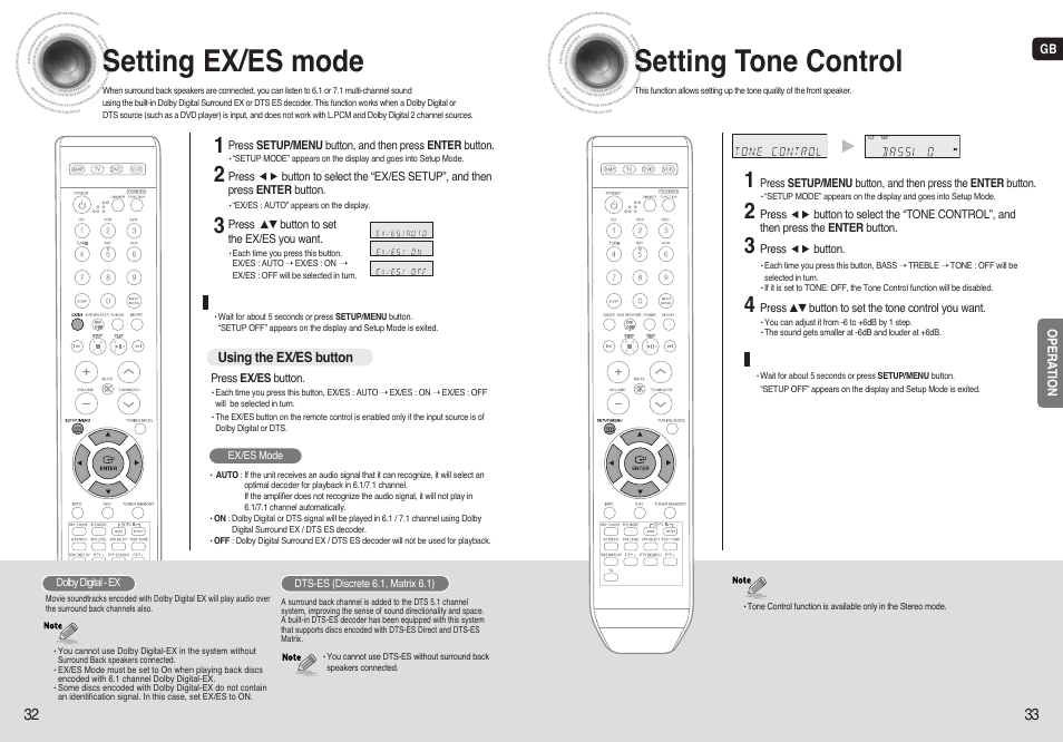 Setting ex/es mode, Setting tone control | Samsung AV-R720 User Manual | Page 17 / 25