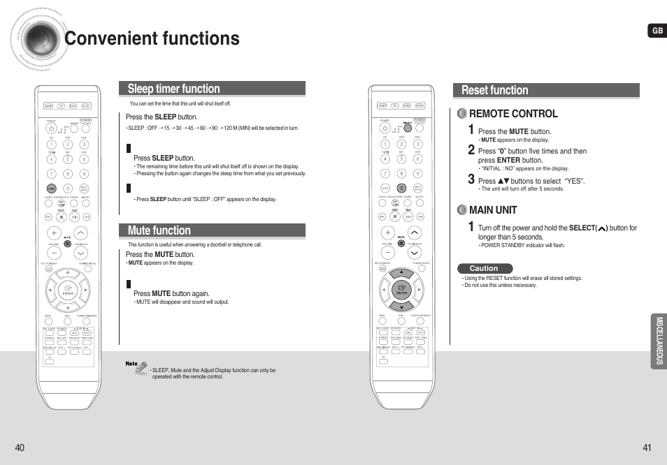Miscellaneous, Convenient functions, Reset function | Sleep timer function mute function, Remote control, Main unit | Samsung AV-R720 User Manual | Page 21 / 25