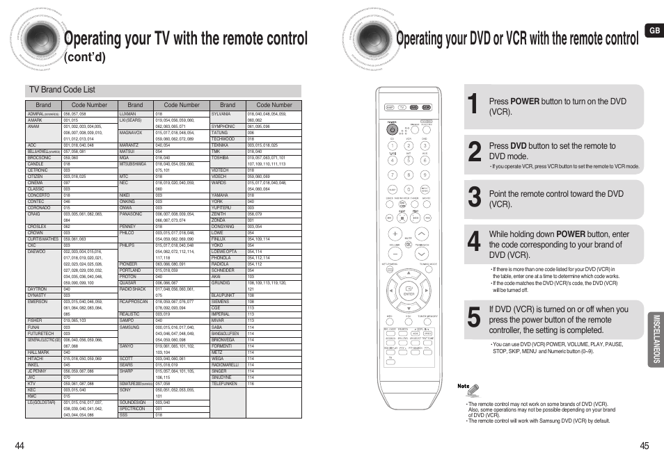 Operating your dvd or vcr with the remote control, Operating your tv with the remote control, Cont’d) | Press power button to turn on the dvd (vcr), Press dvd button to set the remote to dvd mode, Point the remote control toward the dvd (vcr), Tv brand code list, Miscellaneous | Samsung AV-R720 User Manual | Page 23 / 25