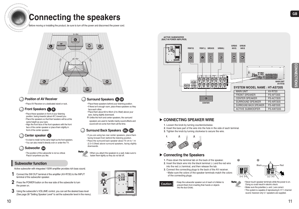 Connections, Connecting the speakers, Subwoofer function | Connecting speaker wire | Samsung AV-R720 User Manual | Page 6 / 25