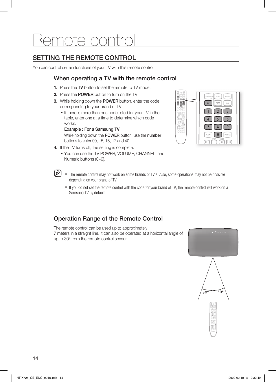 Remote control, Setting the remote control | Samsung HT-X725G User Manual | Page 14 / 70
