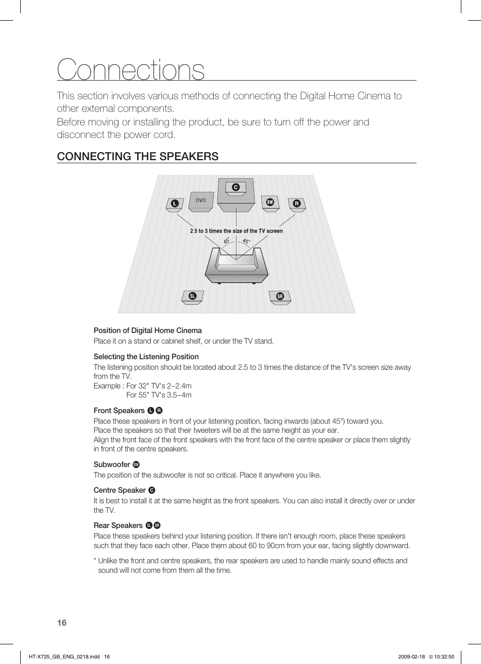 Connections, Connecting the speakers | Samsung HT-X725G User Manual | Page 16 / 70