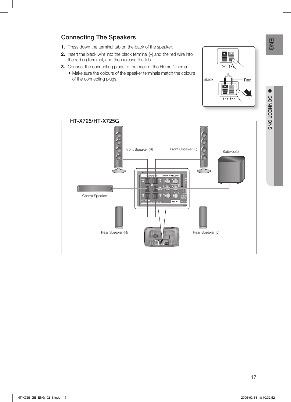 Connecting the speakers | Samsung HT-X725G User Manual | Page 17 / 70