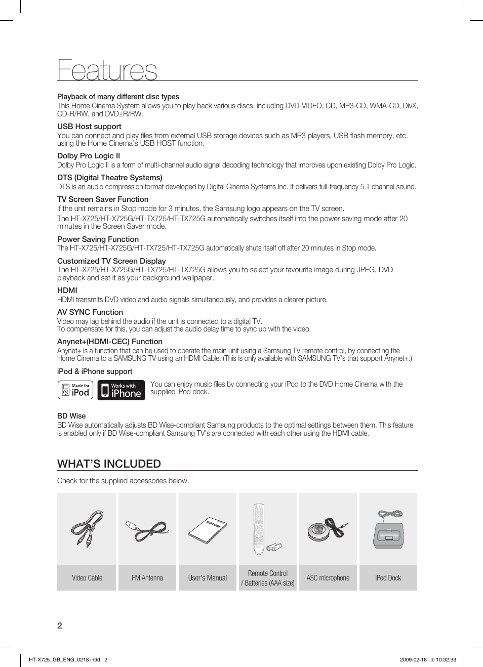 Features, What’s included | Samsung HT-X725G User Manual | Page 2 / 70