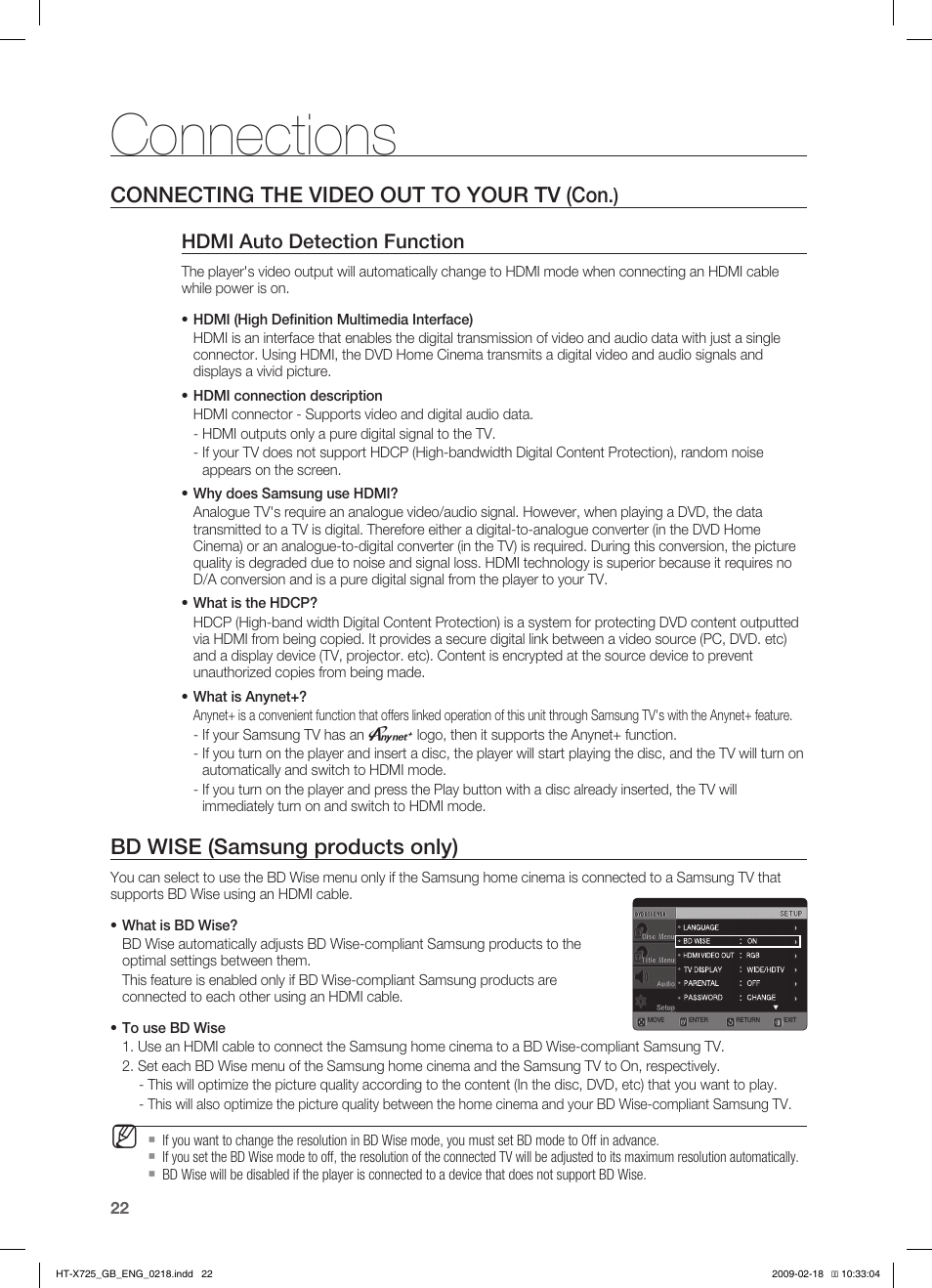 Connections, Connecting the video out to your tv (con, Bd wise (samsung products only) | Hdmi auto detection function | Samsung HT-X725G User Manual | Page 22 / 70