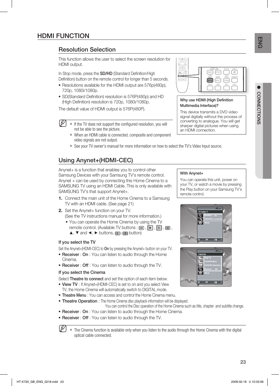Hdmi function, Resolution selection, Using anynet+(hdmi-cec) | Samsung HT-X725G User Manual | Page 23 / 70