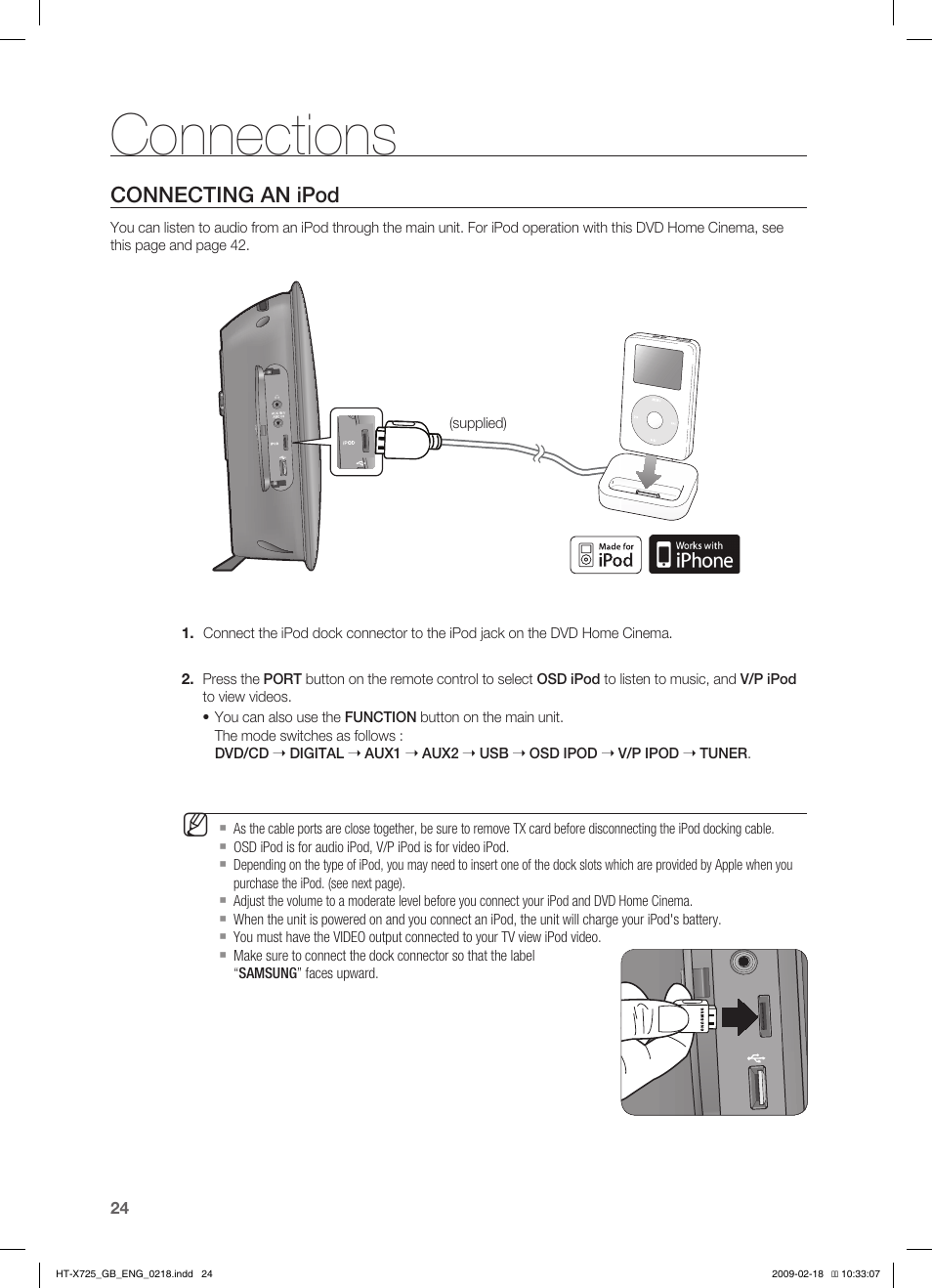 Connections, Connecting an ipod | Samsung HT-X725G User Manual | Page 24 / 70